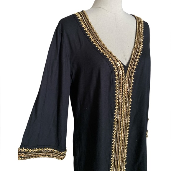 MIRA Black V-neck 3/4 Sleeve Gold Beads Embroidered Boho Flowy Tunic Womens Sz L - Picture 8 of 11